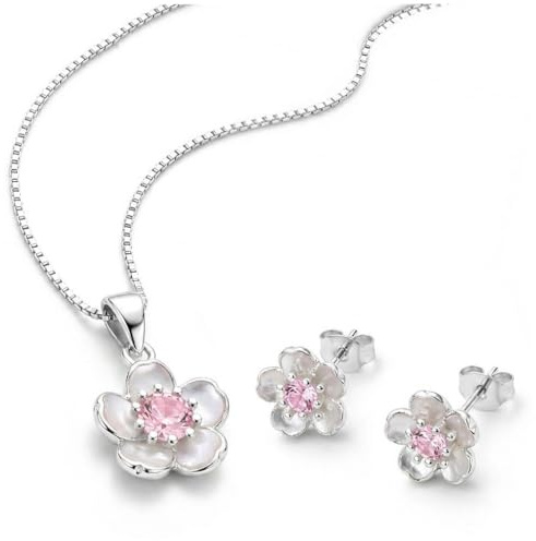 PANDA LUXURY JEWELLERY Schmuckset Damen 925 Sterling Silber Blumen Halskette und Ohrstecker Set Ohrringe mit Rosa Zirkonia, Kette Floral Schmuck Geschenke für Mädchen, Frauen, Tochter