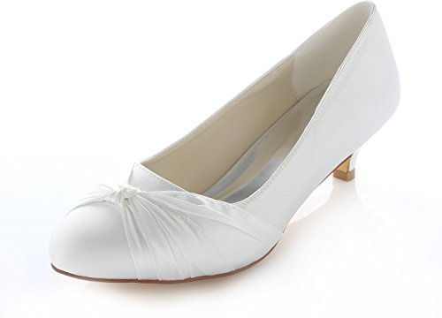 Emily Bridal 011-1N Women's Wedding Shoes Closed Toe 1.57 Inches Kitten Heel Satin Pumps with Knot Bridal Shoes (EU41/UK7.5, Ivory)