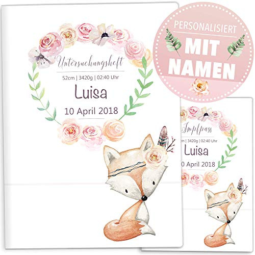 OLGS Personalisierbares U-Heft und Impfpasshüllen Set Cute Boho Untersuchungsheft Hülle & Impfpasshülle mit Namen und Geburtsdatum (Uhefthüllen personalisiert, Fuchs)