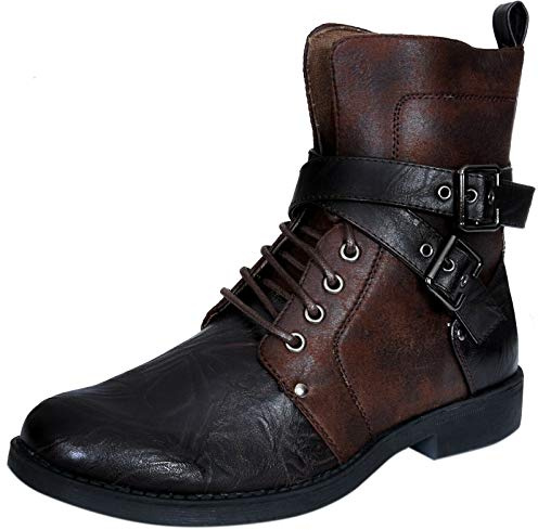 ELONG Bottines Punk Roche Goth Elmo Marron pour Hommes à Fermeture à Glissière avec Boucle en Cuir 45