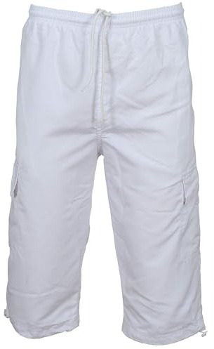 Herr 3/4 shorts byxor nät fodrade underdel lastfickor joggingbyxor gym kläder aktiv sport kläder, Vitt, 36W