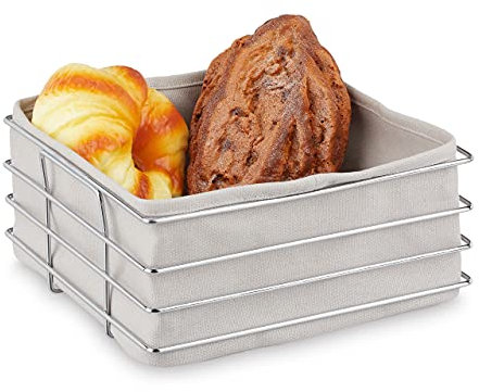 Relaxdays Cestino per Pane, Cesto Portapane in Acciaio, Rivestimento in Stoffa, Moderno, Cesta Porta Frutta, Grigio