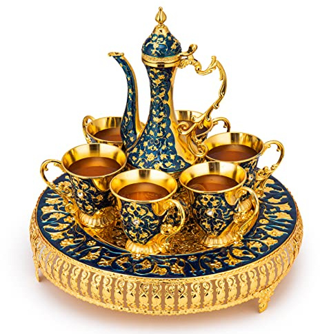 Vintage Extra Large Turkish Coffee & Tea Pot Set for 6 by Gute with Large Crystal Tray & Teapot Gold with Shiny Crystal (Blue) 480ml - 6 Vintage Moroccan Tea Glasses 230ml Teacups Gold