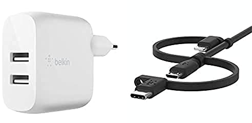 Belkin Boost Charge USB-A-Ladegerät mit zwei Anschlüssen, 24 W + Universal-Kabel (3-in-1, USB-C-, Lightning-, Micro-USB-Ladekabel)