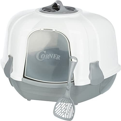 TRIXIE Eck-Katzentoilette Maro mit Haube, hellgrau/Granit – 60 x 43 x 52 cm | Inkl. Schaufel & Aktivkohlefilter, Easy Click-Verschlüsse – Eckform spart Platz und bindet Gerüche zuverlässig
