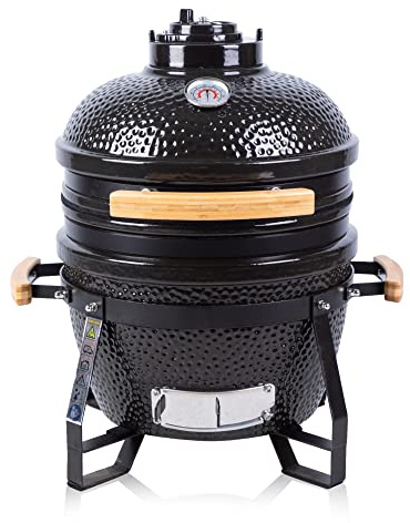 Fire Mountain 15 Inch Mini Ceramic Kamado BBQ Grill, Egg Style Charcoal Smoker with Stand, Built-In Thermometer & Adjustable Vents, Includes Fitted Cover, Black
