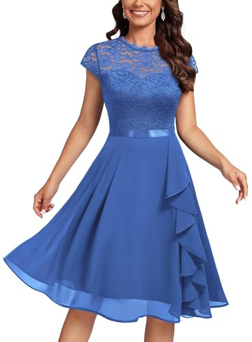 MIUSOL Women's Vintage Lace Contrast Chiffon Ruffles Classy Party Flared Swing Dress (Medium, Blue)