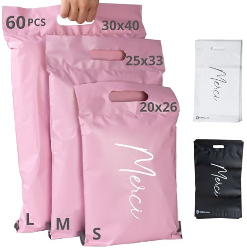 EMBALLAX - 60 Versandtaschen Warensendung - 3 Größen S/M/L - UNDURCHSICHTIG/WIDERSTANDSFÄHIG/WASSERDICHT - Versandtüten für Kleidung - Umschlag für Kartons - Versandbeutel - Versandtasche - Danke