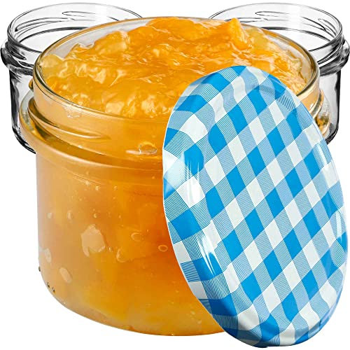 KADAX Lot de 10 pots à confiture de 235 ml avec couvercle à visser bleu à carreaux Ø 82 mm – Bocaux pour confiture, chutneys, légumes marinés, tartes, saucisses, viande, aliments pour bébé, etc