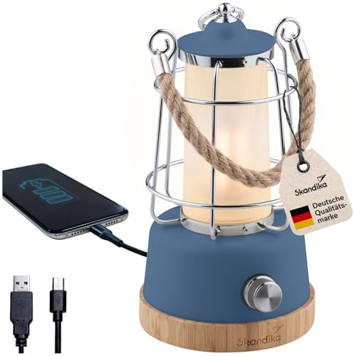 Skandika LED-Lampe Kiruna | Retro Outdoor Campinglampe mit Powerbank, stufenlos dimmbar, kabellos, Akku, aufladbar, USB, warm- und kaltweiß, 75h Leuchtzeit (Kiruna blau)