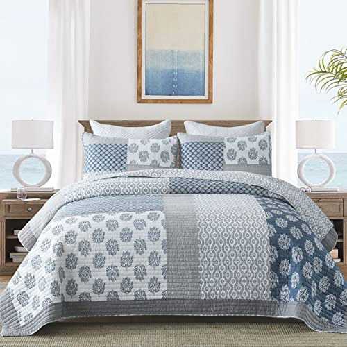 KALOOLA Quilts Tagesdecken für King-Size-Betten, 100 % Baumwolle, King-Size-Tagesdecken, blau-weiß, florales Patchwork, King-Size-Bettwäsche-Set, Bauernhaus, wendbar, für alle Jahreszeiten, 3-teilig
