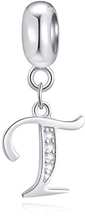 Lettre T charms initiale T alphabet pendentif perles, breloque letra en argent sterling 925 avec cz clair, bracelet de voyage pandora adapté, cadeaux pour enseignant/adolescents/partenaire