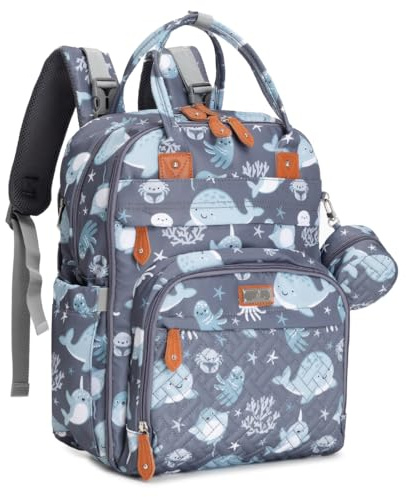 BabbleRoo Baby Changing Bag Backpack, Nappy Changing Back Pack Diaper Bags with Changing Mat & Pacifier Holder for Mom & Dad (Sea Animals)