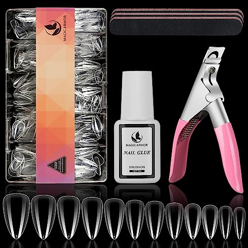 MAGIC ARMOR 504pcs Klare Mandel Nägeltips Künstliche Nägel mit nagelkleber 12 Größen Soft Gel Full Cover Nail Tips für Acryl Nägel Ballerina Nägel, Mandel Künstliche Nägel & Nagelfeilen Nagelknipser