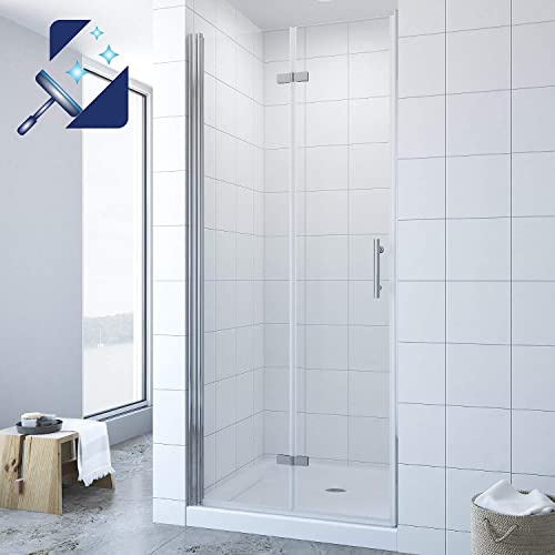 Duschtür klappbar faltbar Glas 90 x 195 cm Wandprofil Chromoptik Nischentür Falttür Dusche Pendeltür Schwingtür ohne Rahmen mit Magnetdichtung Duschtürdichtung unten 6 mm Klarglas NANO-Beschichtung