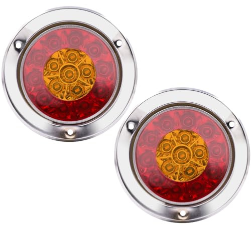 Ygmylandbb LED Feu de Freinage Feu, Une paire de 4 pouces rondes 16 LED camion remorque arrêt de frein tourner feu arrière anneau double couleur, 12V/24V Lot de 2 (Rouge&jaune, Chrome)