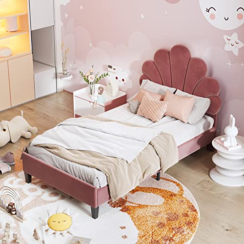 DRIXNO Bett 90x200 Einzelbett Kinderbett Betten Mit Lattenrost Polsterbett Jugendbett Rosa Kopfteil in Blumenform Teenie-Mädchenbett in Hautfreundlichem Samtstoff