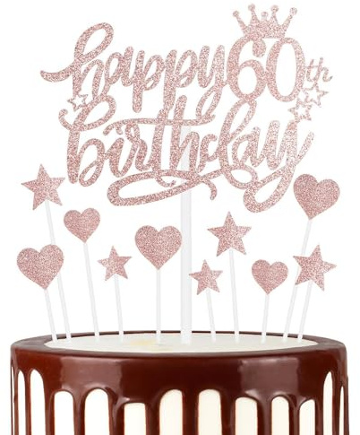 Happy 60th Birthday Cake Toppers, Rose Gold Cake Cupcake Toppers for Cake, Glitter Heart Stars Cake Toppers, Birthday Gift, Personalised Cake Toppers for Women Girls 60th Birthday Cake Decorations