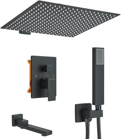 TVTIUO Sistema de Ducha de Lluvia Oculta de 16, Eociador Cuadrado de 40x40cm, Tres Sstilos de Caño (Rociador Superior, Ducha de Mano, Grifo de Bañera) Negro