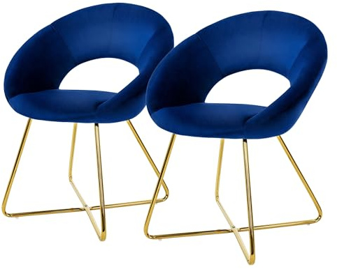 ML-Design Esszimmerstühle 2er Set Blau aus Samt, Wohnzimmerstuhl mit runder Rückenlehne, Polsterstuhl mit goldene Metallbeine, Ergonomische Esstisch Sessel, Küchenstuhl Schalenstuhl Schminktisch Stuhl