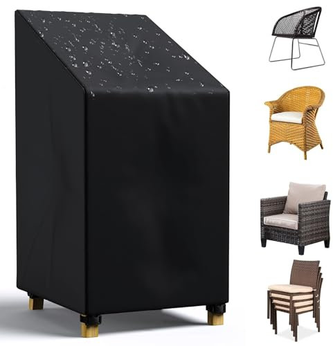 GelldG Housse de Chaise de Jardin, Housse de Protection pour Chaises de Jardin Empilables avec Corde et Boucle, Étanche, Résistance au Vent, Anti-UV- Noir (75 * 75 * 120cm)