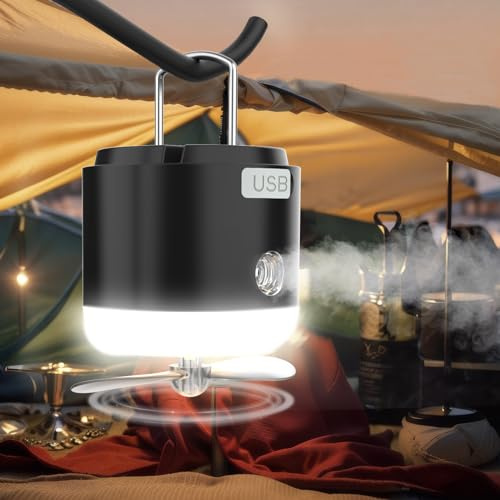 Oziral 4-in-1-Campinglampe Led mit Ventilator wiederaufladbare USB-Campingleuchte Camping Laterne Campinglicht 4 Helligkeitsstufen tragbare Zeltleuchte für Camping im Freien Notlicht bei Stromausfall