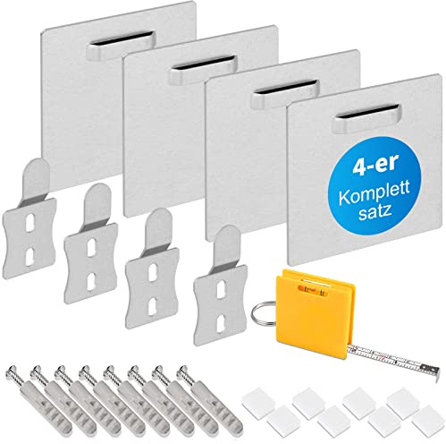 JAYZUUM Alu Dibond und Acrylglas Aufhängung, selbstklebende Bildaufhängung spiegelhalterung - Befestigungsset zum Aufhängen für Bilder oder Spiegel, bis zu 8kg (Silber 4er Set)