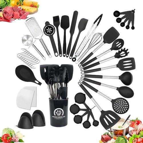 Juego de utensilios de cocina, 43 utensilios de cocina de silicona con soporte agitador de silicona, espátula, taza de medir y cuchara set para sartén antiadherente, lavavajillas