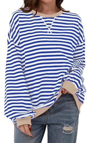 Timuspo Oversize Sweatshirt Pullover Damen Striped Color Block Baumwolle Bequeme Dünne Herbst Loose Fit Lang Ohne Kapuze Oberteile Teenager Mädchen Top Gestreiftes Blau M
