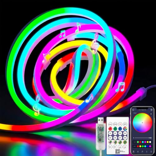 ShineBurky RGBIC Neon Led Strip 2M, 5V USB Streifen mit App/Fernbedienung | 16 Millionen Farben & Dynamische Effekte, Musiksync, IP67 Wasserdicht, für Bar Schlafzimmer Spiele Außenverzierung