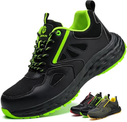 ISOOUS Chaussures de Sécurité Hommes Chaussures de Travail Femmes Légère Embout Plastique Basket Securite Antidérapante Cuisine Noir Vert EU 47