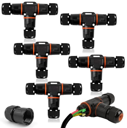 5 Stück Kabelverbinder Wasserdicht IP68, T-Form Verteilerdose Klemmdose Kabelverbinder Wasserdicht 3-polig Erdkabel Verbindungsmuffe für Ø3-12 mm Kabeldurchmesser, Acrylnitril-Butadien-Styrol