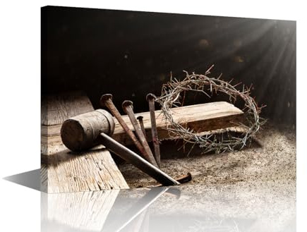 1 Panel Modern Wall Art Passion Of Jesus - Wooden Cross With Crown Of Thorns Hammer And Bloody Spikes Pictures Print on Canvas Wall Art for Home Office Hotel Decorations, 18Wx12H