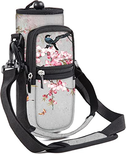 Mibbxea 40 oz vattenflaskhållare bärväska – isolerad flaskväska med rem, flaskhållare för fitness, camping, promenader, cykling, vandring, utomhusaktiviteter (grå, rosa blommor och fågel)