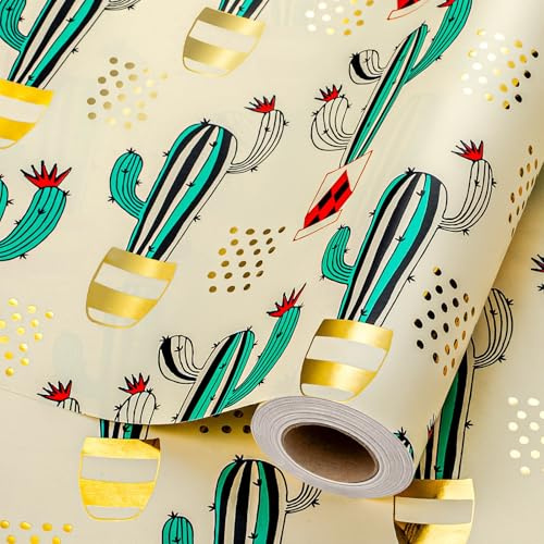 Wikadlik Dickes Geschenkpapier mit grünem Kaktus-Motiv, 43 cm x 10 m, Goldfolie, Pflanzenmotiv, für Geburtstag, Dusche, Urlaub, Hochzeit
