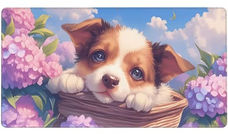 Gaming Mauspad XXL,600 x 300 x 3mm Mousepad Verlängertes Groß Mauspad Schreibtischauflage,Genähte Kanten Rutschfeste Gummibasis,Verbessert Präzision Geschwindigkeit Home Office Süße Hundeblumen L-3225