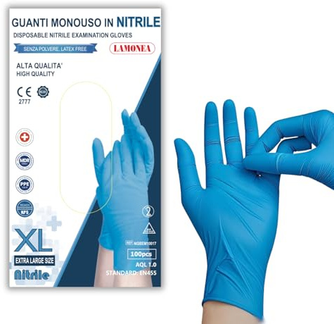 LAMONEA - 100 Guanti Azzurri Monouso in Nitrile AQL 1.0 - Certificato CE - Senza Polvere di Alta Qualità (taglia XL) - NGBEM10017