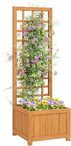 Outsunny Jardinera elevada con Rejilla, Jardinera de Exterior con Agujero de Drenaje y Revestimiento Transpirable de Madera de Abeto, para Flores y Verduras, 40x40x120 cm, marrón Claro