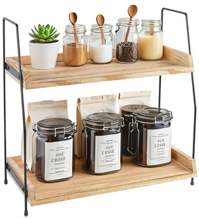 PopuLike Coffee Station Organizer, 2 Tier Kitchen Counter Shelf Wooden Coffee Bar Accessories Storage Kitchen Spice Rack | for Home, Office, Coffee Bar
