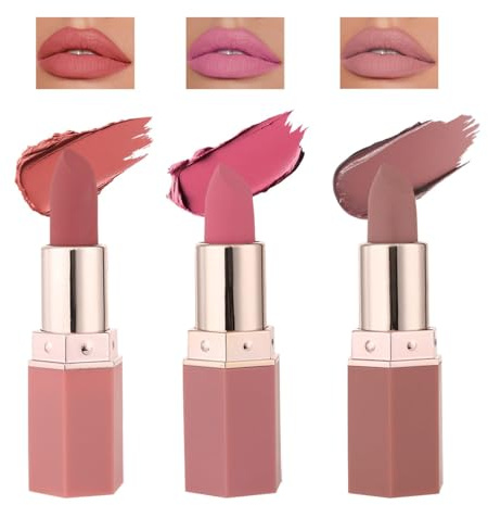 Matte Lipstick Set, Coral Pink, Bright Pink And Mauve Nude, 3-Pack | Bullet-Shaped Lip Colours, Individual Dusty Rose Cases, Metallic-Toned Collars, For Everyday Make-Up And Evening Looks