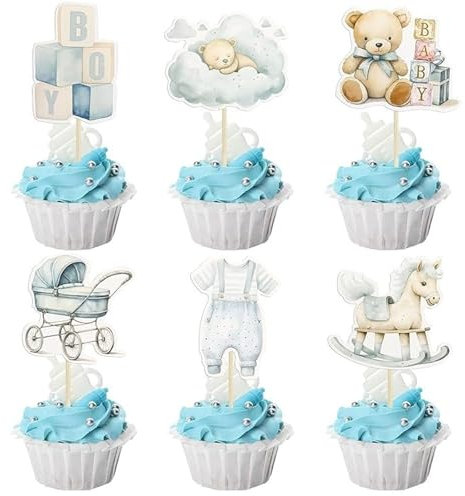 HTTDSLF 24 Stück TTortendeko Junge, Baby Boy Cupcake Toppers, Gender Reveal Party Muffin Deko, Babyparty Tortendeko Taufe Junge, Baby Shower Tortendeko Babyparty, BBaby Shower Deko Boy