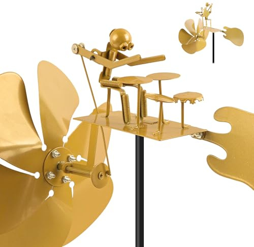 Handgefertigte Metallrockband-Windmühle, windbetriebene kinetische Skulptur, Windspiele für Hof, Rasen, Garten, Terrasse, Dekoration, Gold (Handgefertigte Metall-Schlagzeuger-Windmühle)