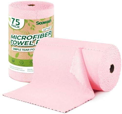 SOOWASH Mikrofasertücher Rolle, 75 Stück Mikrofaser Reinigungstücher, Abreißbare Lappen Putztücher für Auto, Küche und Haus 30x30cm(Rosa)