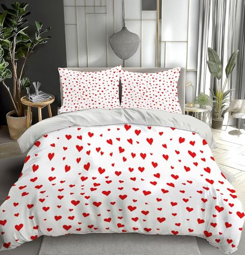 ZISTRCBAO Cuore Rosso Set Copripiumino 3D Con Stampa, Con Federa Coordinata, 3 Pezzi, Microfibra Semplice Copripiumino Con Chiusura A Cerniera Per Adulti（Bianco, 240x220cm ）