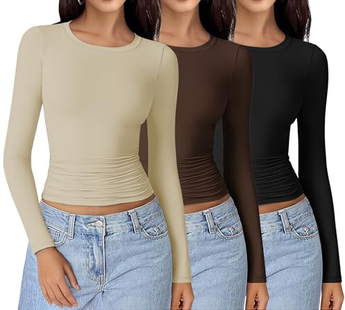 Ekouaer Langarmshirt Damen Seitlich Gerüscht, Schwarz + Braun + Beige, XS