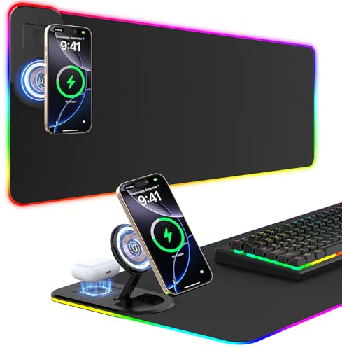RGB Gaming Mauspad 15W Qi Mousepad LED 800x350x4mm 10 Beleuchtungsmodi mit 10W Schnellladung Qi Kabelloses Laden für I-Phone 13/13 Pro Handy, Kopfhörer, Wasserdicht, rutschfest (Schwarz-Ständer)