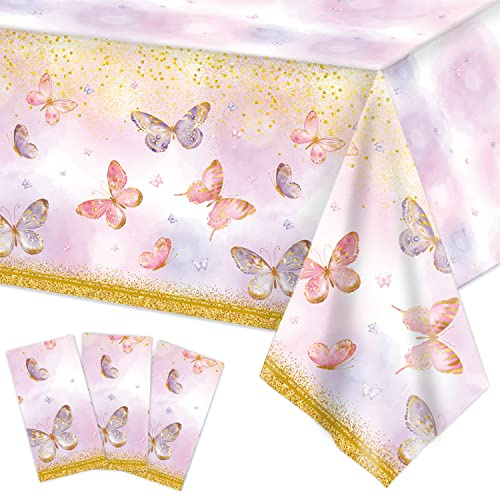 Yiran Mantel de mariposa brillante rosa lila, 130 x 220 cm, mantel rectangular desechable para fiesta, suministros de fiesta temática de mariposas, suministros de fiesta para niños y niñas, cumpleaños