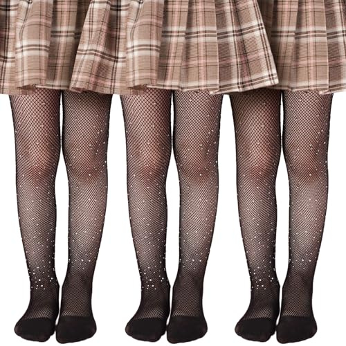 SAIIURV 3 Pares Medias de Red Negras de Strass para Niña, Medias Malla Pantimedias Brillantes de Rejilla Kids Halloween Stockings para Cosplay Ballet Fiesta Danza.