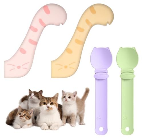 VEOIRXU 4 Pezzi Cucchiaio Per Cibo Per Gatti 2 Cucchiai Per Mangime Per Gatti + 2 Apriscatole Cucchiai Per Gatti Dispenser Multifunzione Per Snack Liquidi Cucchiai Per Cibo Umido e Purea (4 Colori)