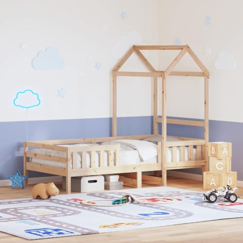 Mandloder Massiv träsäng med tak, 75 x 190 cm furu obehandlad modern barnsäng, ram, plywoodribbor, enkelsäng för sovrum